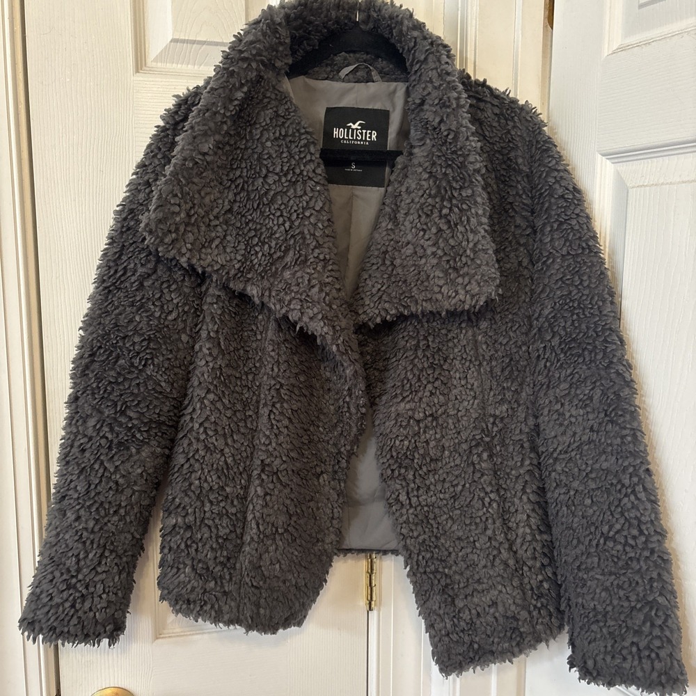 Hollister Womens Faux Fur Sherpa Open Jacket Teddy Cropped Gray S